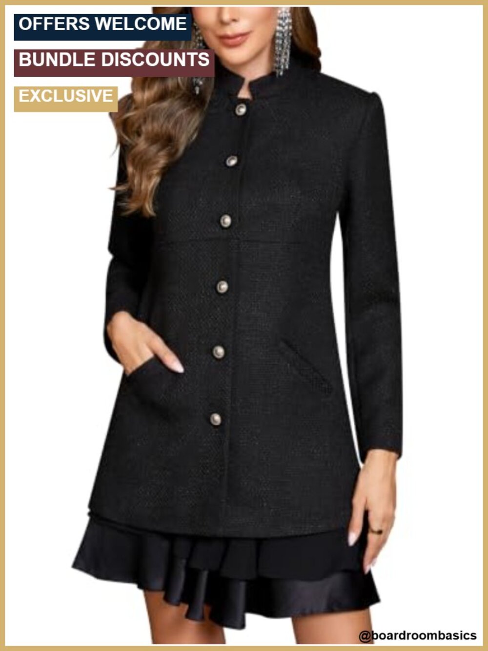 Fully Lined Women's Tweed Jacket with Stand Collar and Pockets, Long Coat